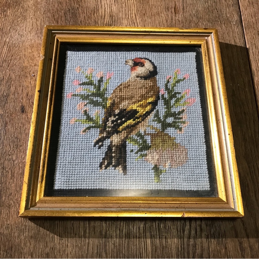 Vintage Signed and Dated Hand Embroidered Goldfinch Bird Wall Art